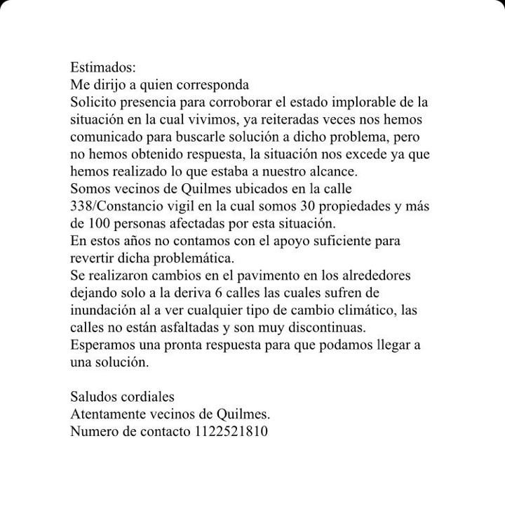 Pedido de mejoras en el barrio Villa Argentina